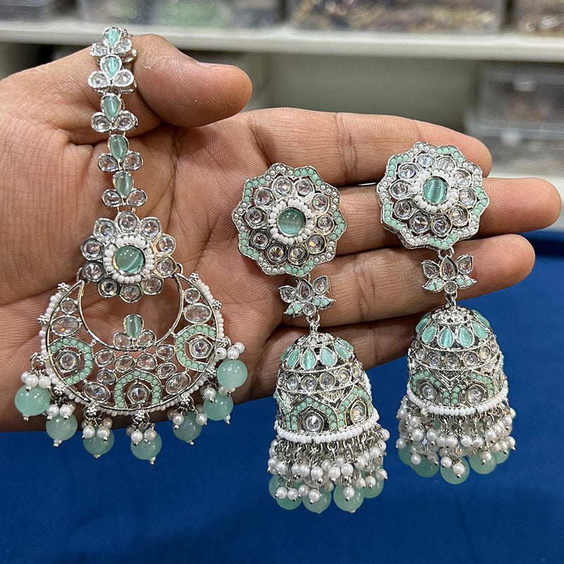 Hira Collections Silver Plated Crystal Stone And Pearls Jhumki Earrings With Maangtikka