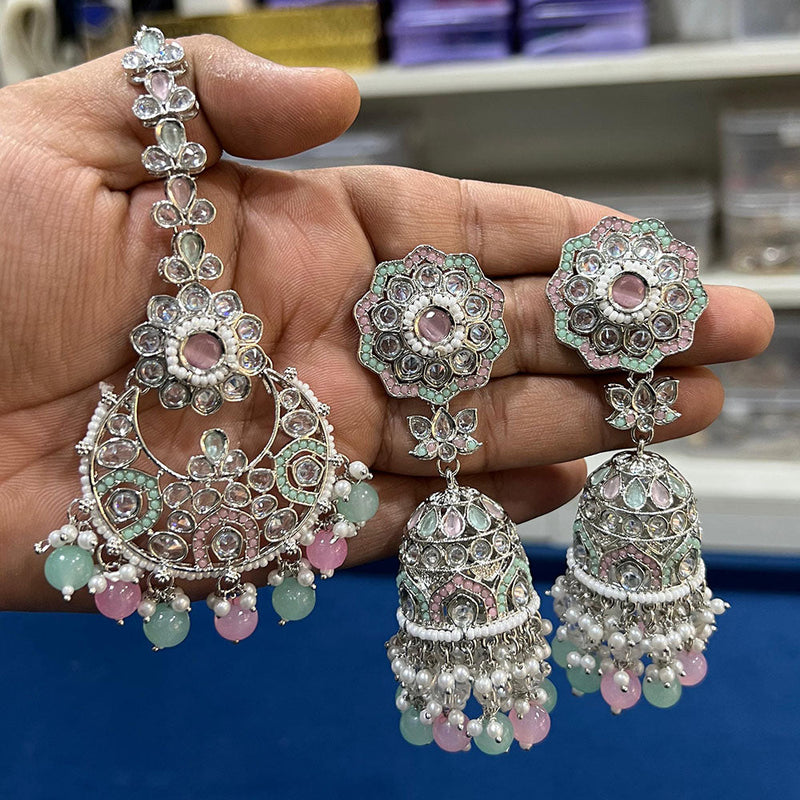 Hira Collections Silver Plated Crystal Stone And Pearls Jhumki Earrings With Maangtikka