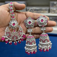 Hira Collections Silver Plated Crystal Stone And Pearls Jhumki Earrings With Maangtikka