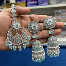 Hira Collections Silver Plated Crystal Stone And Pearls Jhumki Earrings With Maangtikka