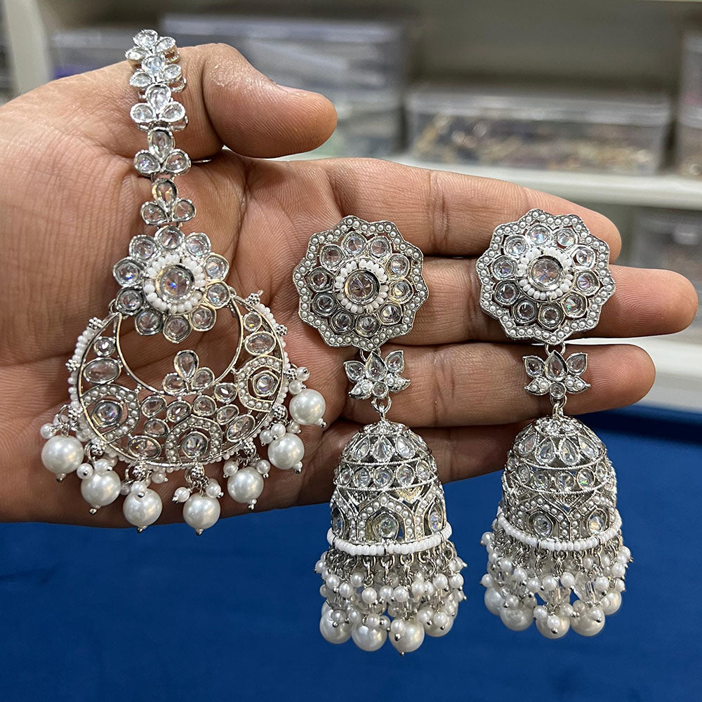 Hira Collections Silver Plated Crystal Stone And Pearls Jhumki Earrings With Maangtikka