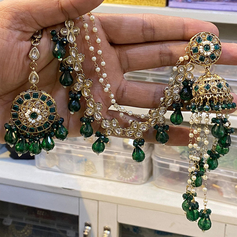 Hira Collections Gold Plated Crystal Stone And Pearls Jhumki Earrings With Maangtikka