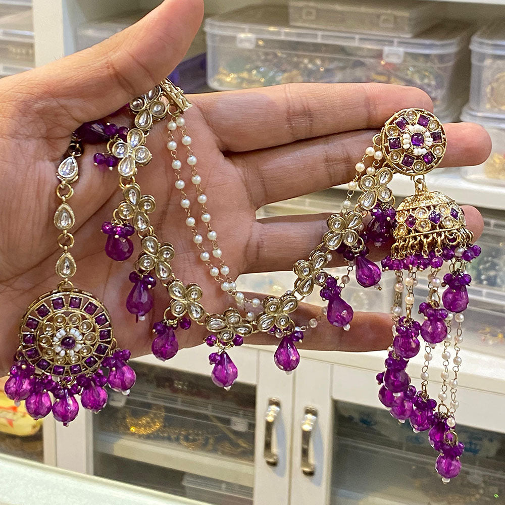 Hira Collections Gold Plated Crystal Stone And Pearls Jhumki Earrings With Maangtikka