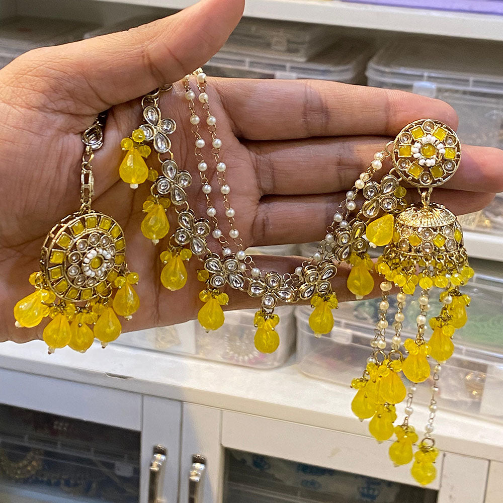 Hira Collections Gold Plated Crystal Stone And Pearls Jhumki Earrings With Maangtikka