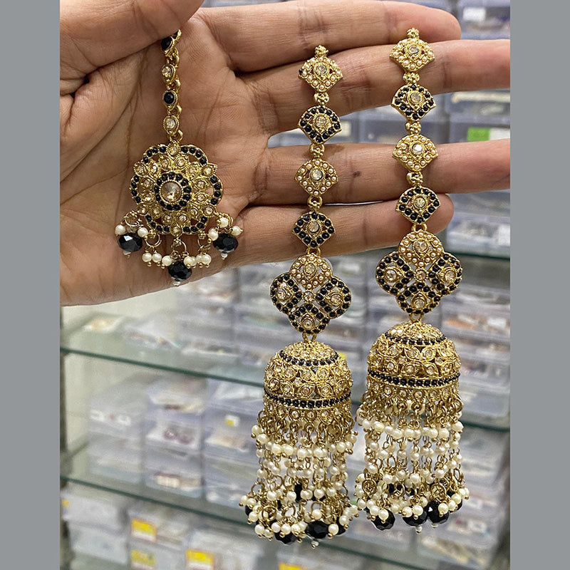 Hira Collections Gold Plated Crystal Stone And Pearls Jhumki Earrings With Maangtikka