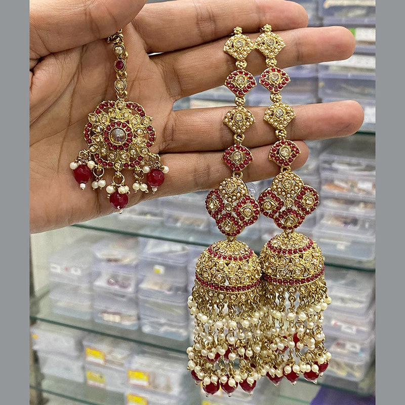 Hira Collections Gold Plated Crystal Stone And Pearls Jhumki Earrings With Maangtikka