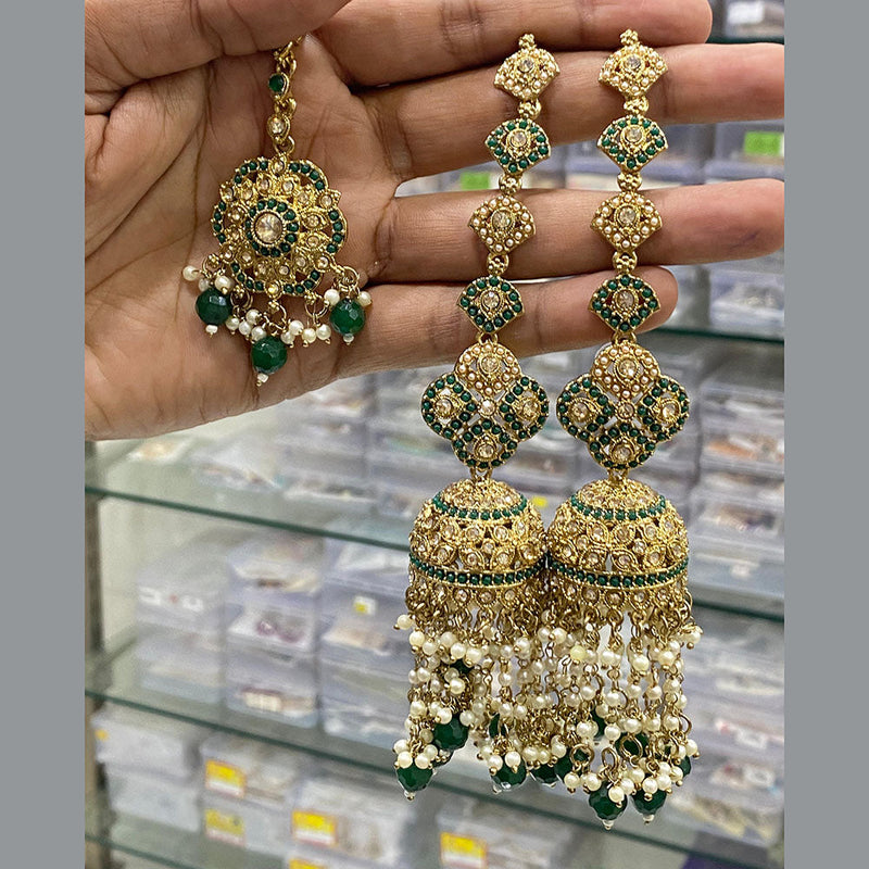 Hira Collections Gold Plated Crystal Stone And Pearls Jhumki Earrings With Maangtikka