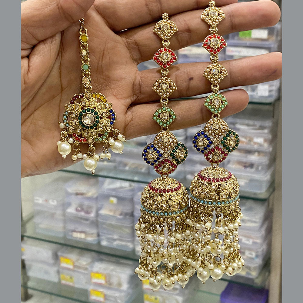 Hira Collections Gold Plated Crystal Stone And Pearls Jhumki Earrings With Maangtikka