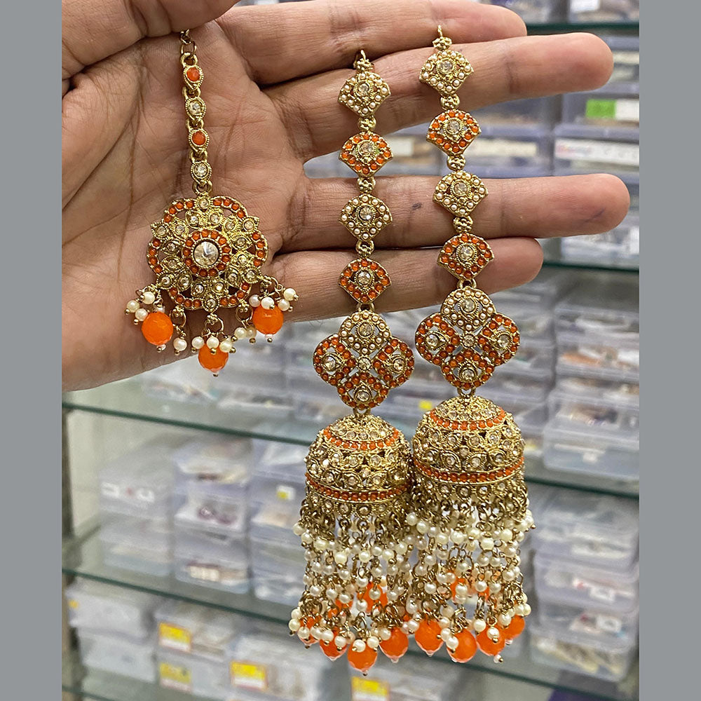 Hira Collections Gold Plated Crystal Stone And Pearls Jhumki Earrings With Maangtikka