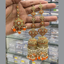Hira Collections Gold Plated Crystal Stone And Pearls Jhumki Earrings With Maangtikka