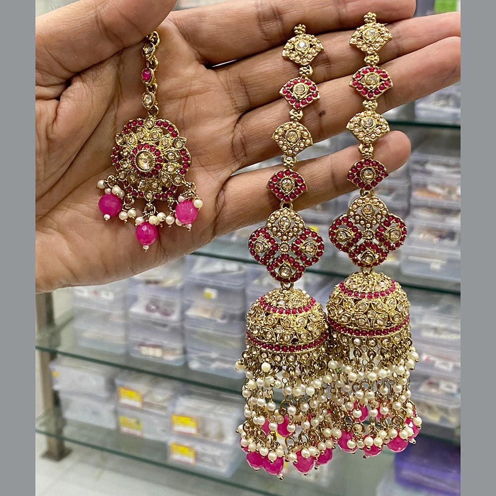 Hira Collections Gold Plated Crystal Stone And Pearls Jhumki Earrings With Maangtikka