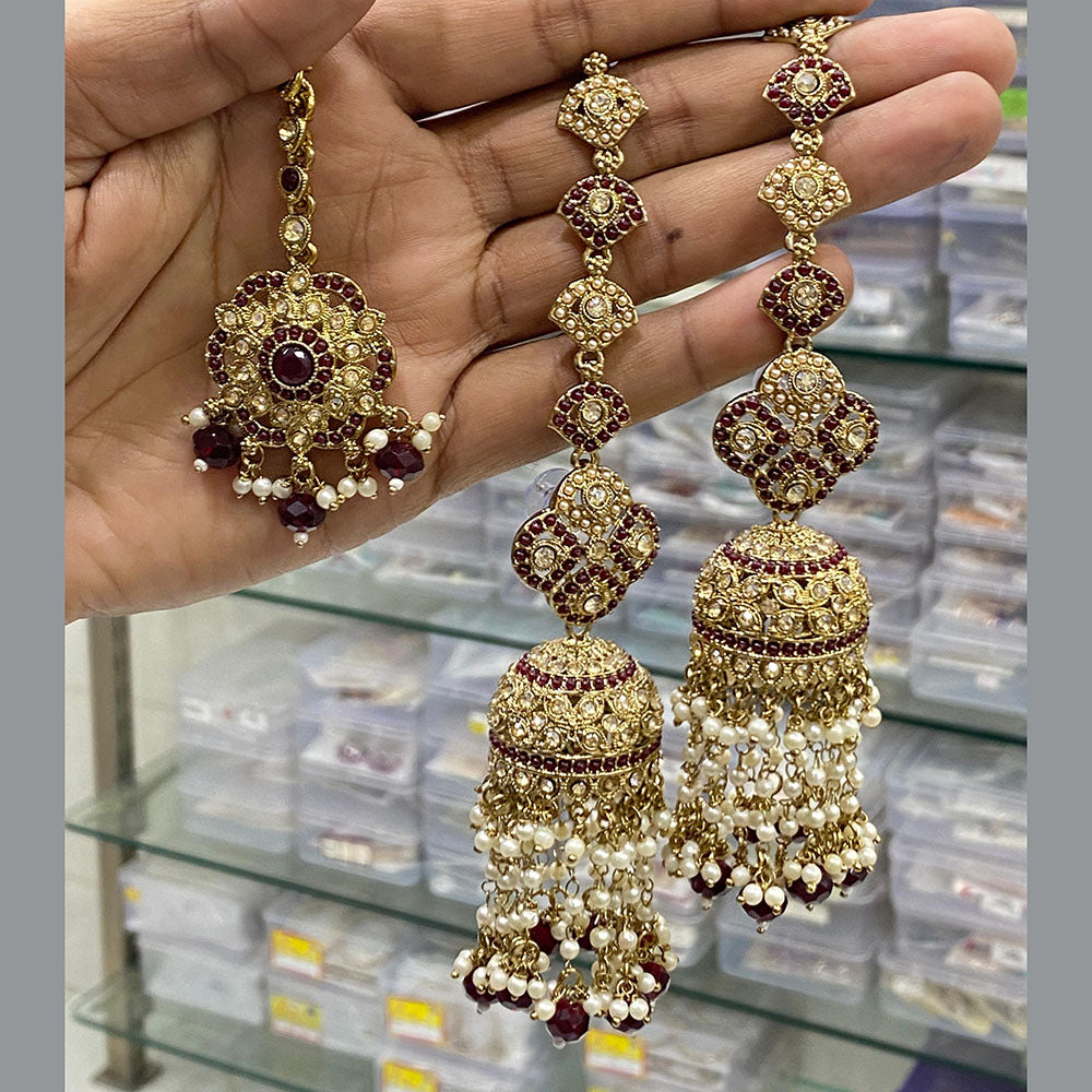 Hira Collections Gold Plated Crystal Stone And Pearls Jhumki Earrings With Maangtikka