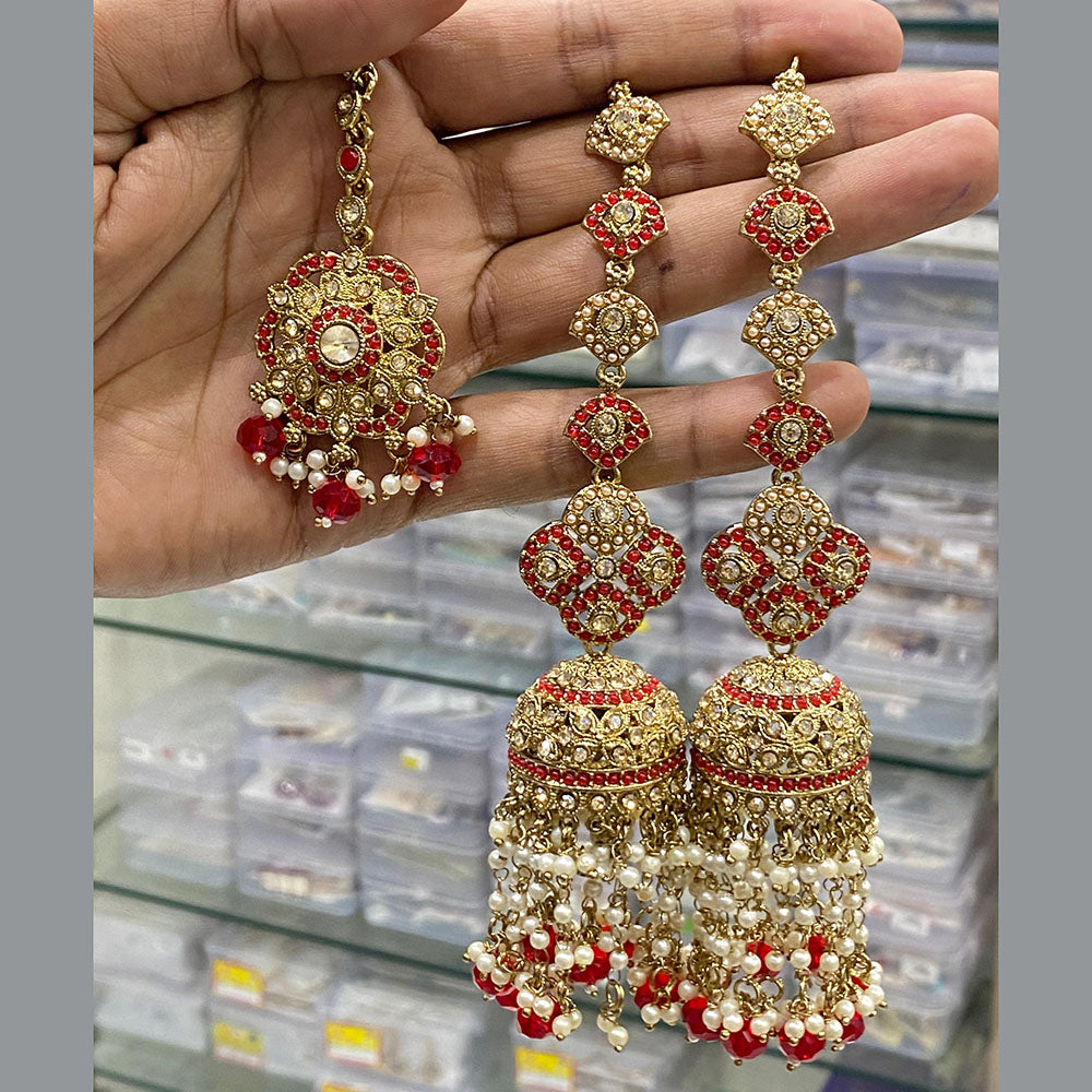 Hira Collections Gold Plated Crystal Stone And Pearls Jhumki Earrings With Maangtikka