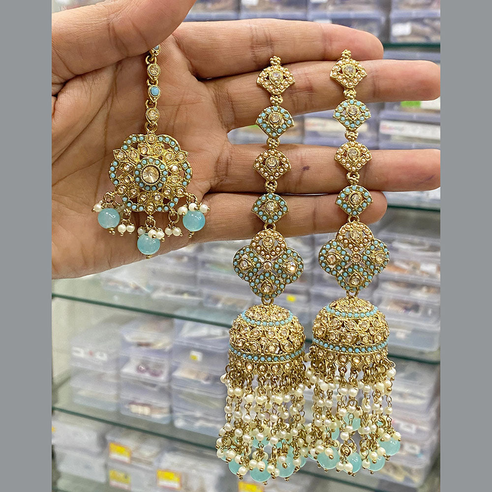 Hira Collections Gold Plated Crystal Stone And Pearls Jhumki Earrings With Maangtikka