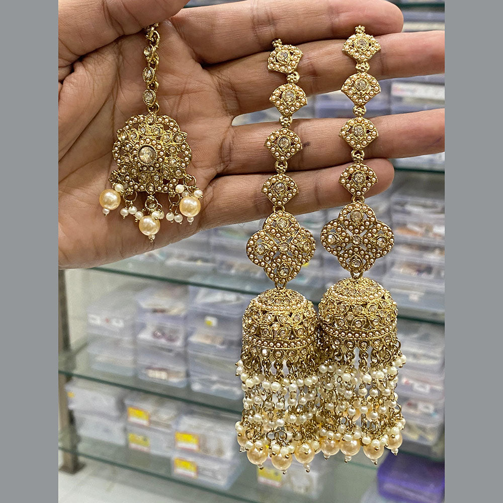 Hira Collections Gold Plated Crystal Stone And Pearls Jhumki Earrings With Maangtikka