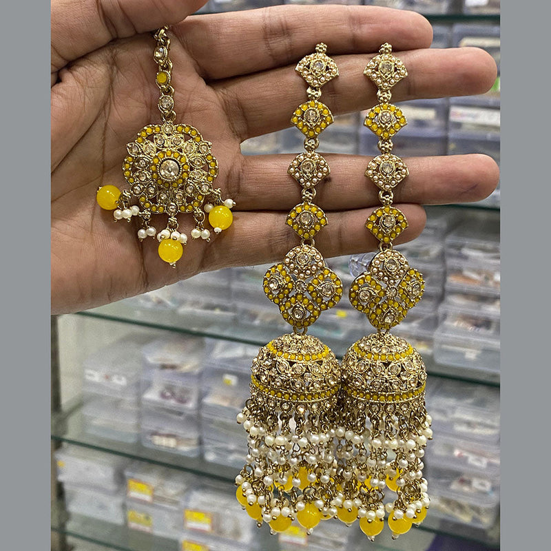 Hira Collections Gold Plated Crystal Stone And Pearls Jhumki Earrings With Maangtikka