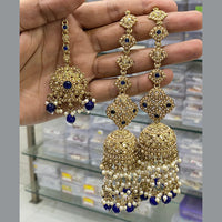 Hira Collections Gold Plated Crystal Stone And Pearls Jhumki Earrings With Maangtikka