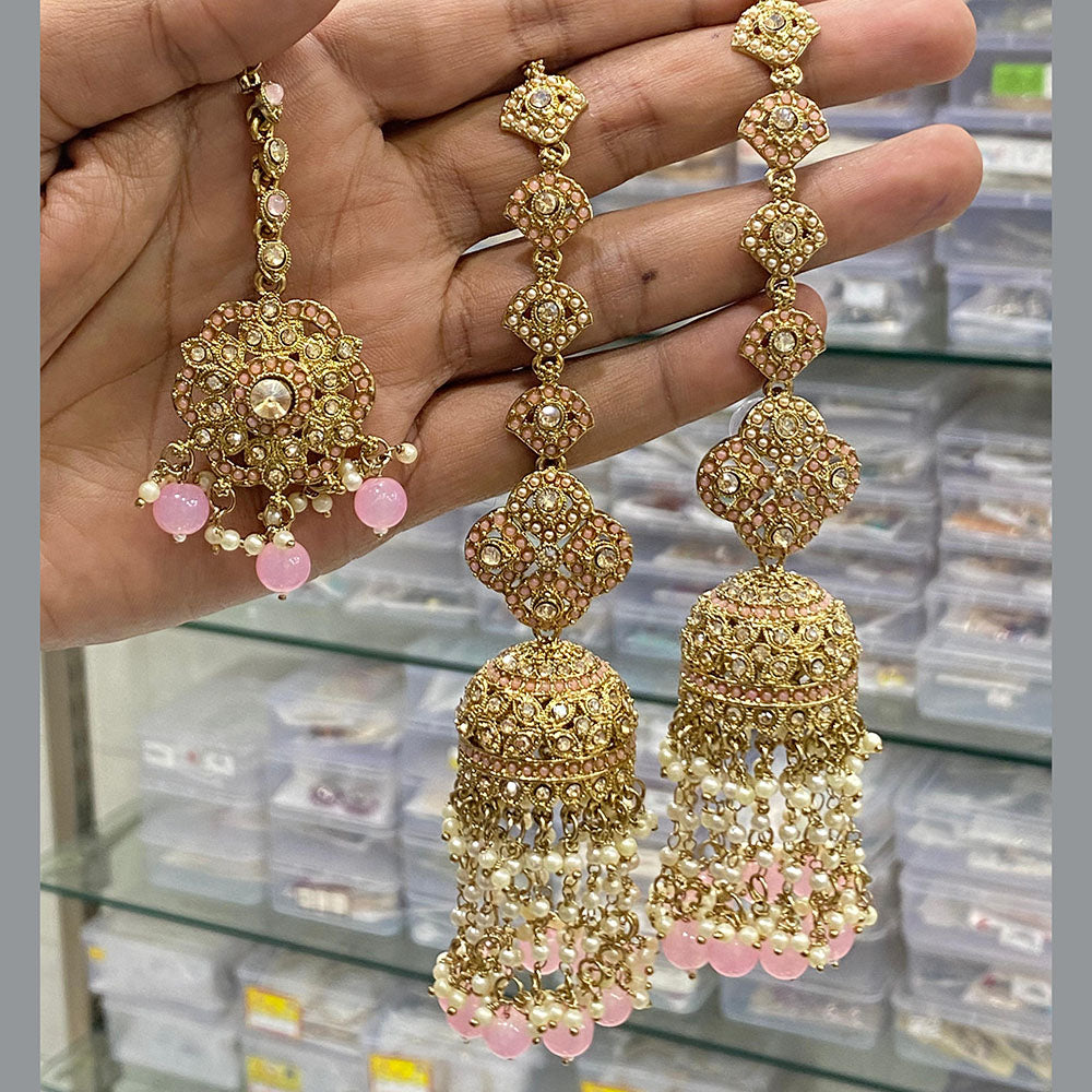 Hira Collections Gold Plated Crystal Stone And Pearls Jhumki Earrings With Maangtikka