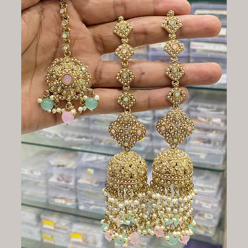 Hira Collections Gold Plated Crystal Stone And Pearls Jhumki Earrings With Maangtikka