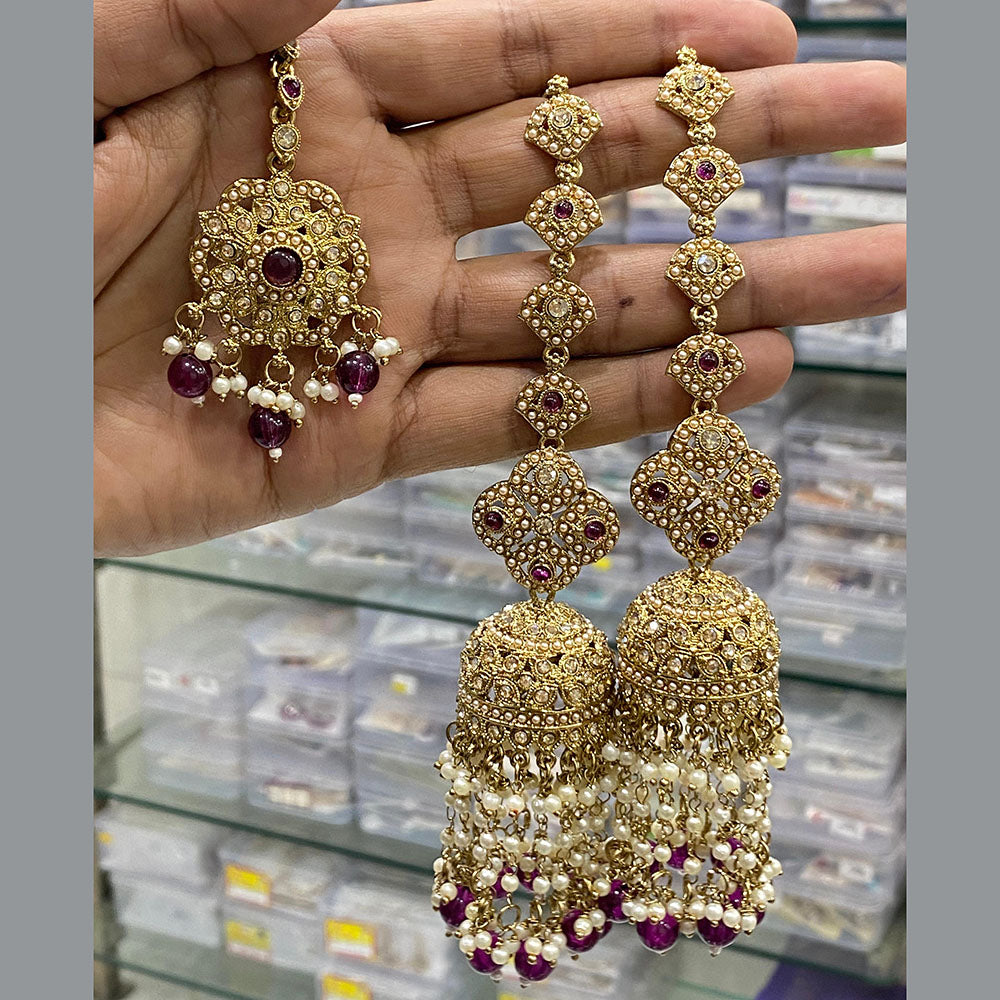 Hira Collections Gold Plated Crystal Stone And Pearls Jhumki Earrings With Maangtikka