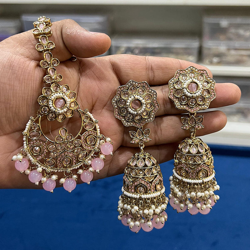 Hira Collections Gold Plated Crystal Stone And Pearls Jhumki Earrings With Maangtikka