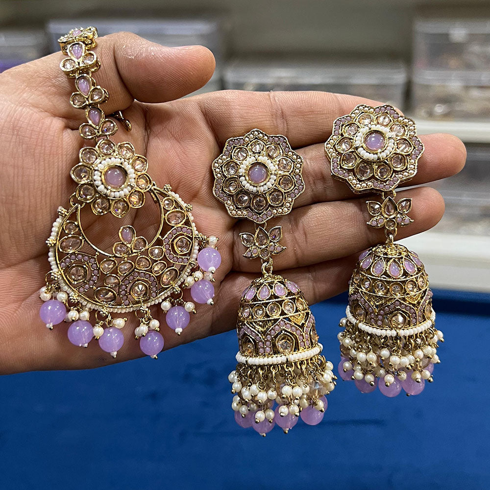 Hira Collections Gold Plated Crystal Stone And Pearls Jhumki Earrings With Maangtikka