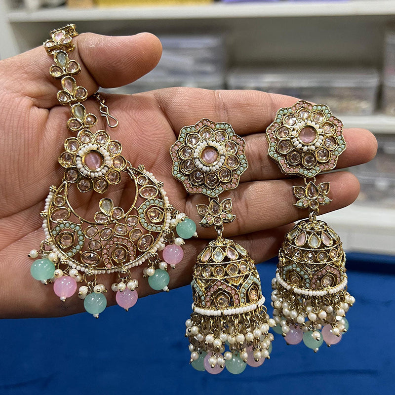 Hira Collections Gold Plated Crystal Stone And Pearls Jhumki Earrings With Maangtikka