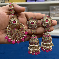 Hira Collections Gold Plated Crystal Stone And Pearls Jhumki Earrings With Maangtikka