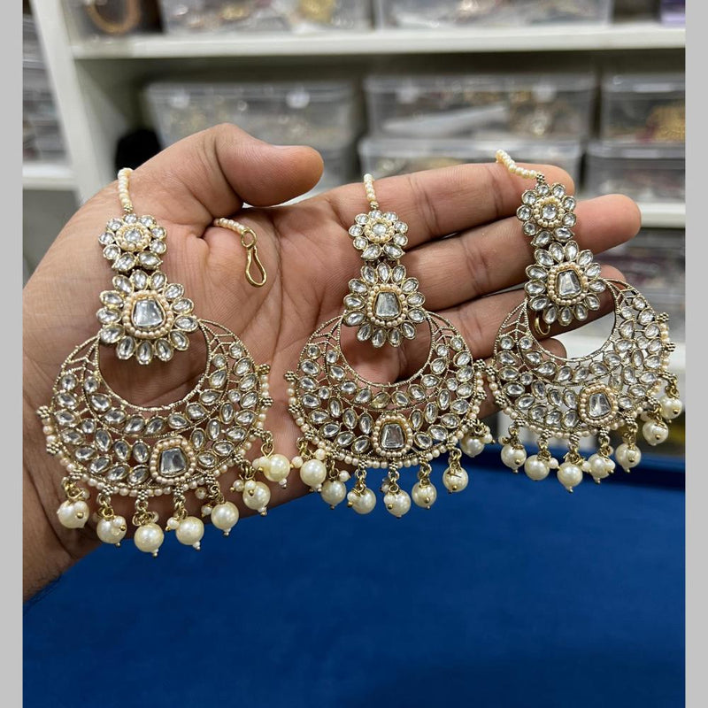 Hira Collections Gold Plated Kundan Stone And Pearls Dangler Earrings Maangtikka