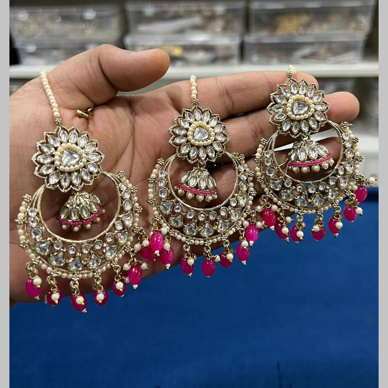 Hira Collections Gold Plated Kundan Stone And Pearls Dangler Earrings Maangtikka