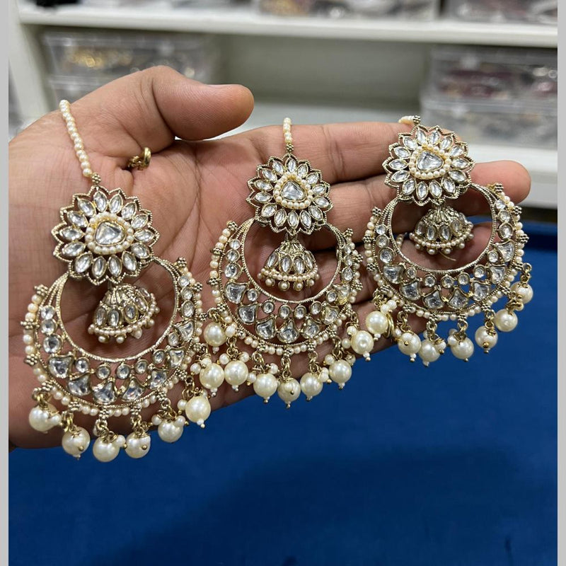 Hira Collections Gold Plated Kundan Stone And Pearls Dangler Earrings Maangtikka