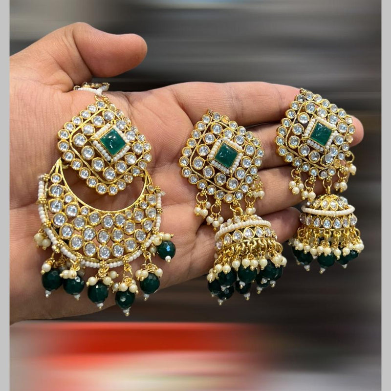 Hira Collections Gold Plated Kundan Stone And Beads Jhumki With Maangtikka