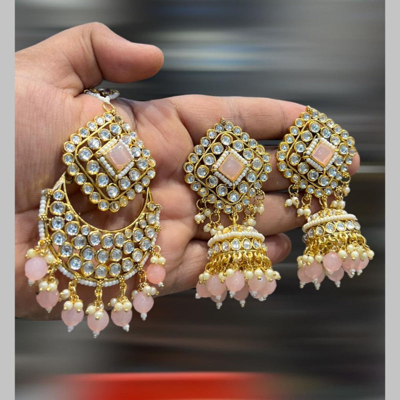 Hira Collections Gold Plated Kundan Stone And Beads Jhumki With Maangtikka