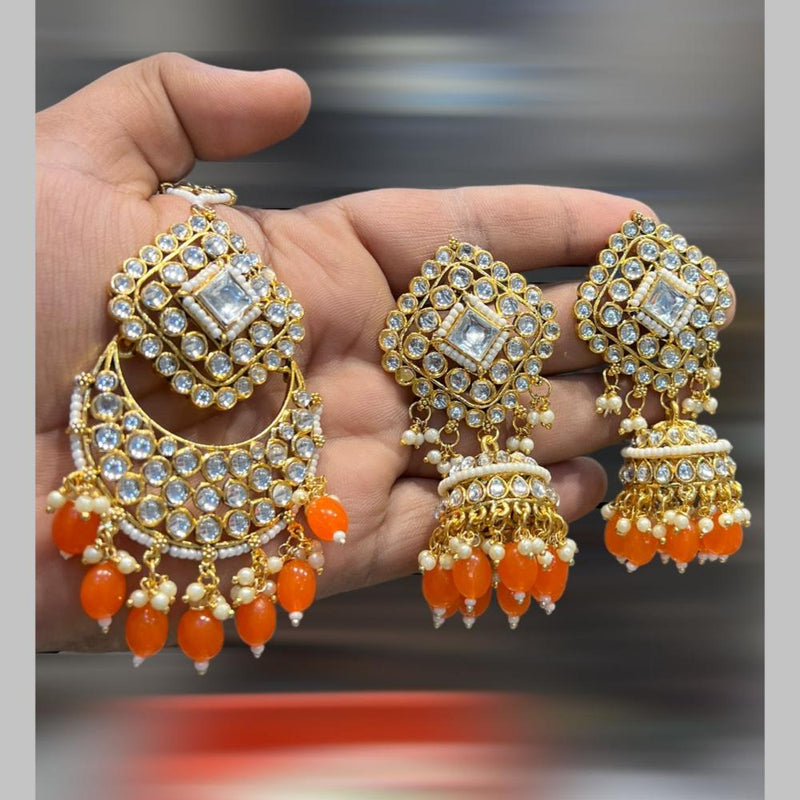 Hira Collections Gold Plated Kundan Stone And Beads Jhumki With Maangtikka