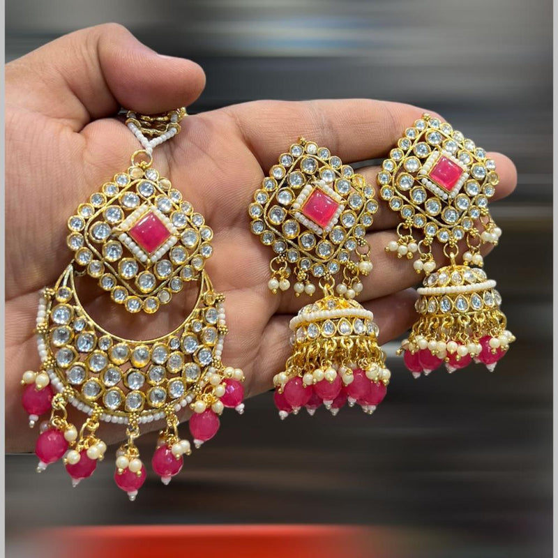 Hira Collections Gold Plated Kundan Stone And Beads Jhumki With Maangtikka