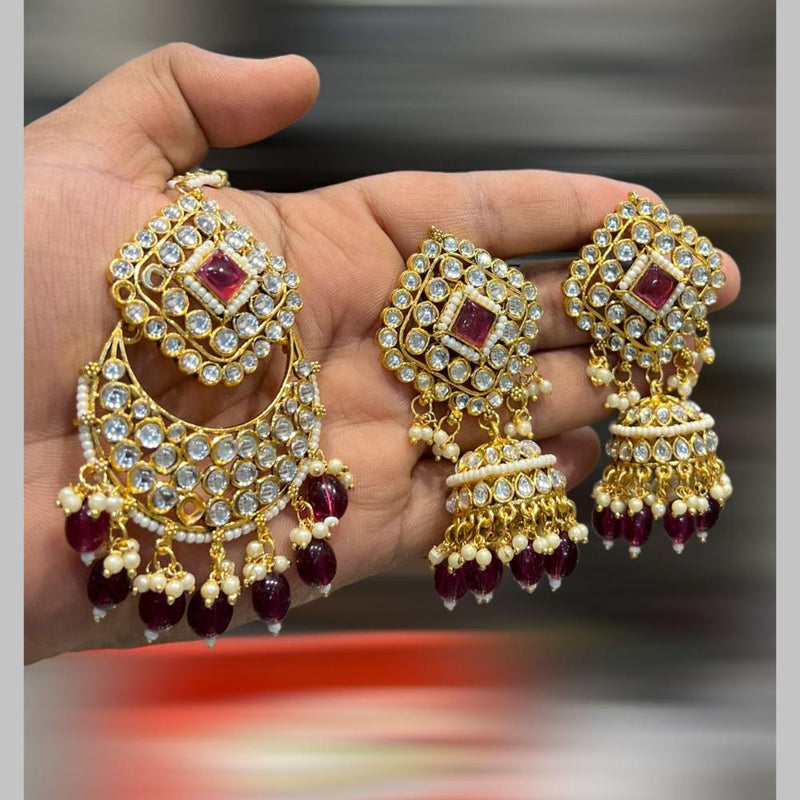 Hira Collections Gold Plated Kundan Stone And Beads Jhumki With Maangtikka