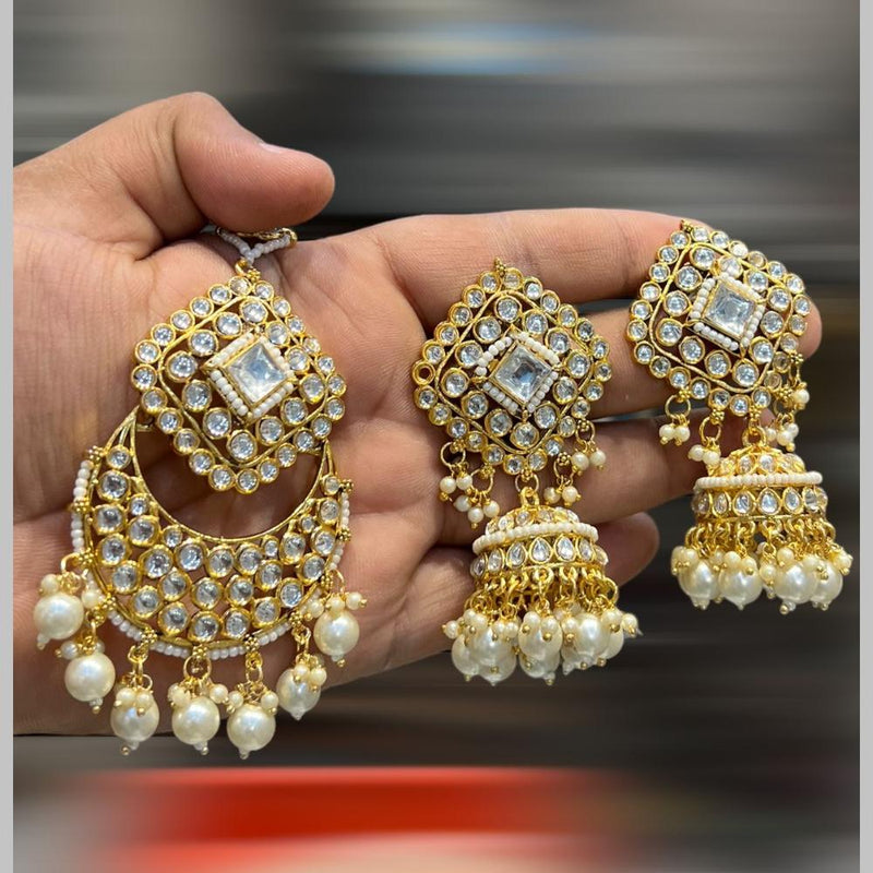 Hira Collections Gold Plated Kundan Stone And Beads Jhumki With Maangtikka