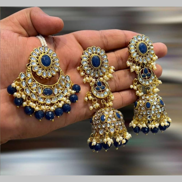 Hira Collections Gold Plated Kundan Stone And Beads Jhumki With Maangtikka