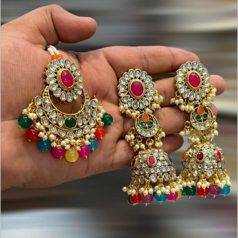 Hira Collections Gold Plated Kundan Stone And Beads Jhumki With Maangtikka