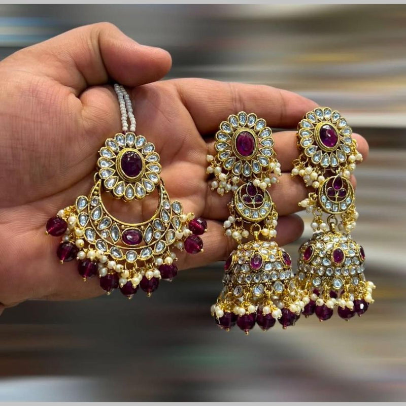 Hira Collections Gold Plated Kundan Stone And Beads Jhumki With Maangtikka