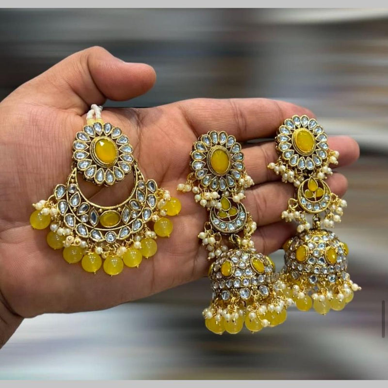 Hira Collections Gold Plated Kundan Stone And Beads Jhumki With Maangtikka