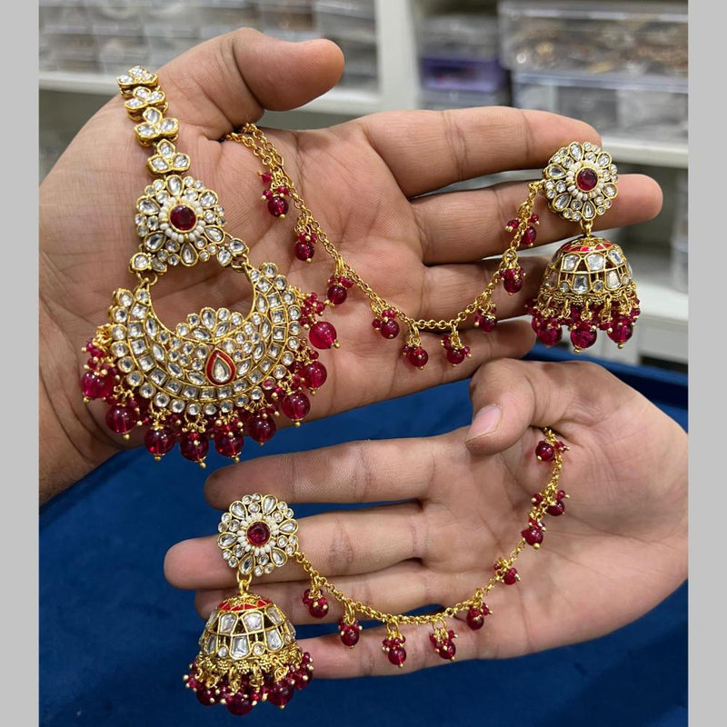 Hira Collections Gold Plated Kundan Stone And Beads Jhumki With Maangtikka