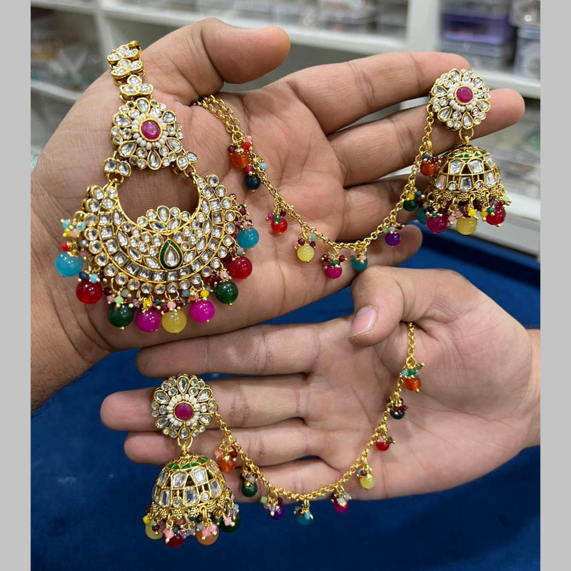 Hira Collections Gold Plated Kundan Stone And Beads Jhumki With Maangtikka