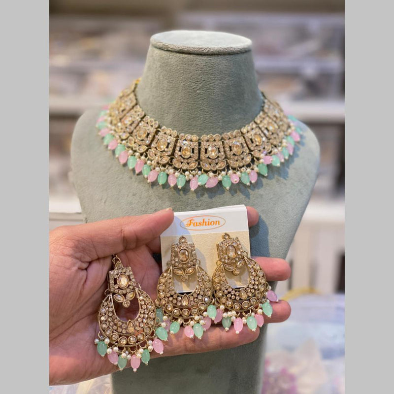 Hira Collections Gold Plated Crystal Stone And Beads Necklace Set