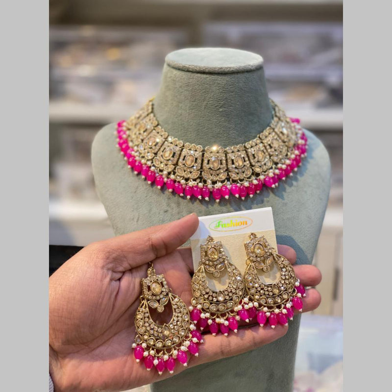 Hira Collections Gold Plated Crystal Stone And Beads Necklace Set