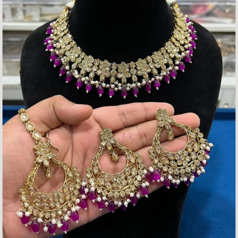 Hira Collections Gold Plated Crystal Stone And Pearls Choker Necklace Set