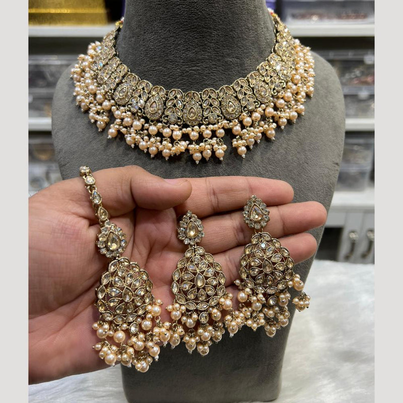 Hira Collections Gold Plated Crystal Stone And Pearls Choker Necklace Set