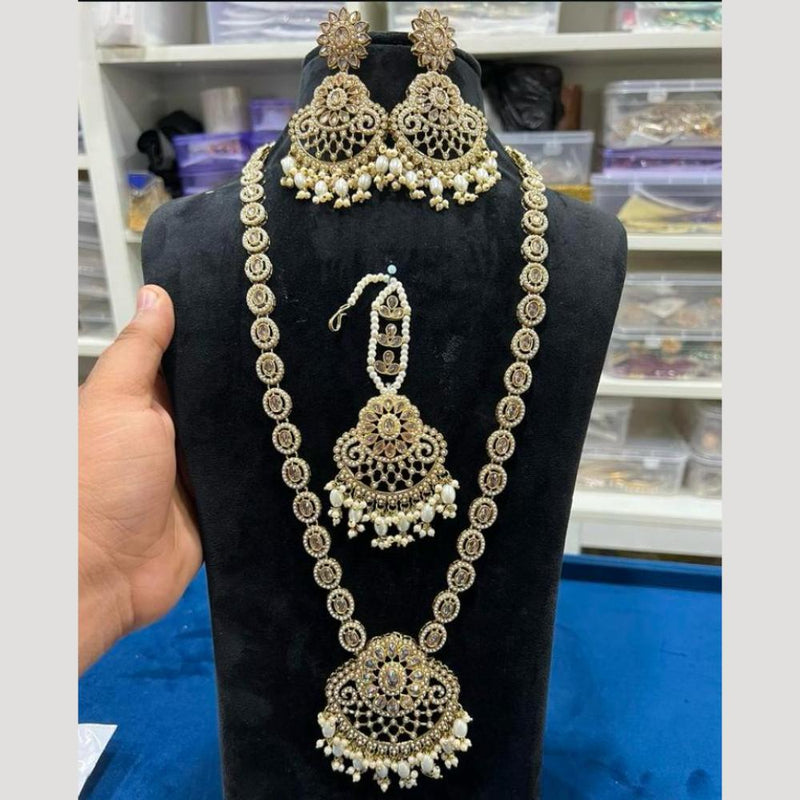 Hira Collections Gold Plated Crystal Stone And Pearls Long Necklace Set