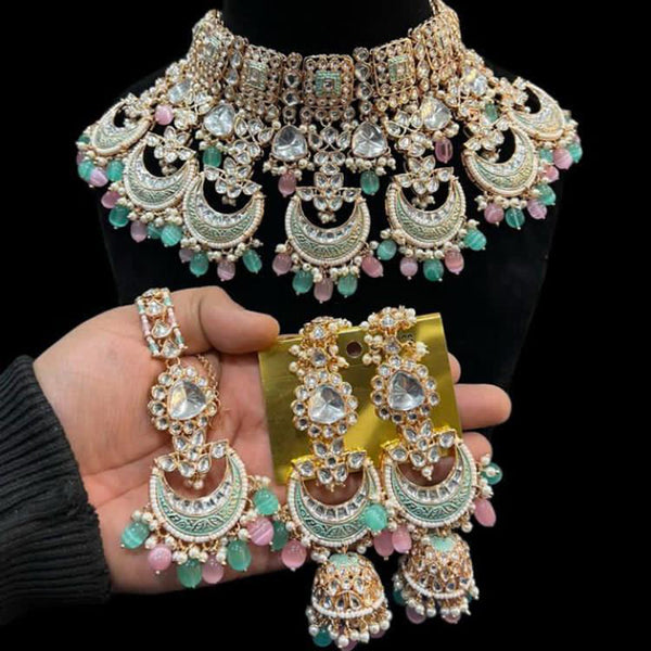 Hira Collections Gold Plated Kundan Stone And Pearls Meenakari Choker Necklace Set