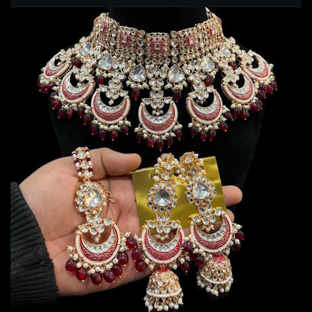 Hira Collections Gold Plated Kundan Stone And Pearls Meenakari Choker Necklace Set